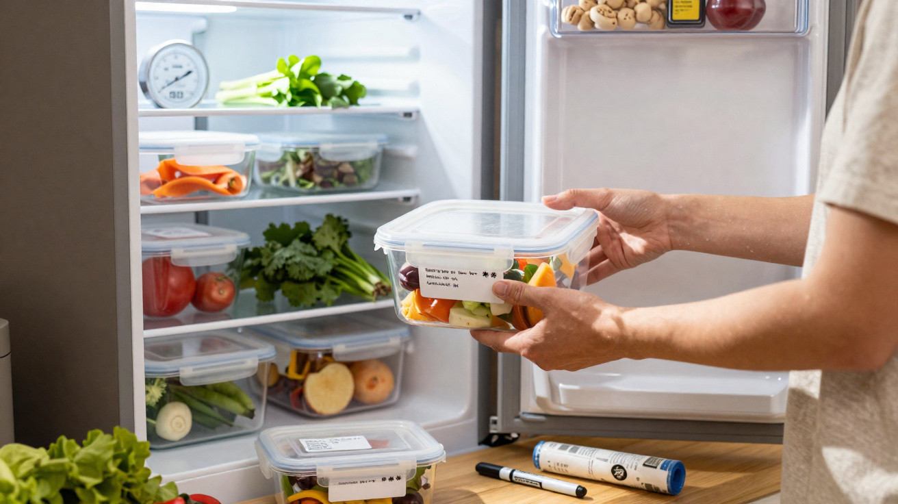 Person organising fresh vegetables in labelled plastic containers inside an open fridge.