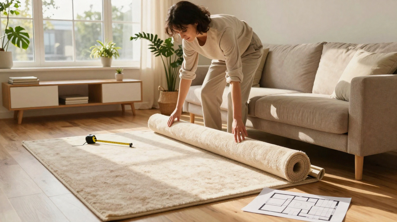 Woman unrolling a beige carpet on a wooden floor in a sunlit living room with a sofa and floor plans.