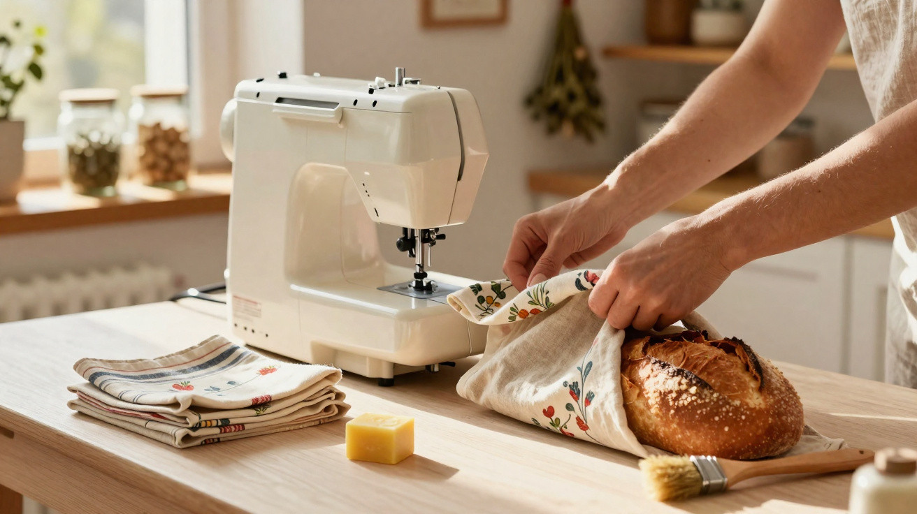 Person wrapping a loaf of bread in a floral fabric on a wooden table with a sewing machine nearby.