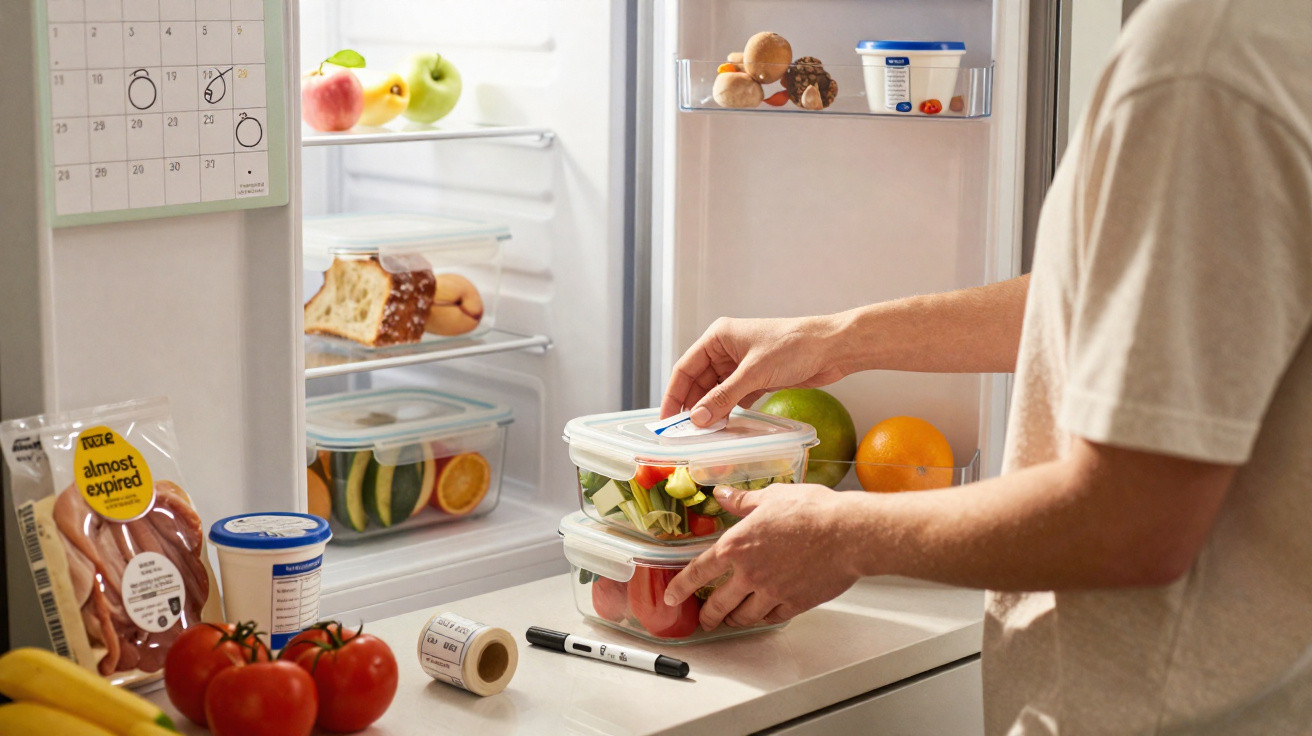 Person organising fresh vegetables in plastic containers near an open fridge with various food items inside.