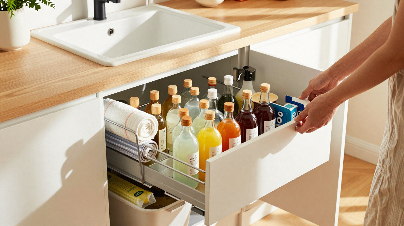 Person opening under-sink drawer with organised bottles, cartons, and rolled towels in a modern kitchen.