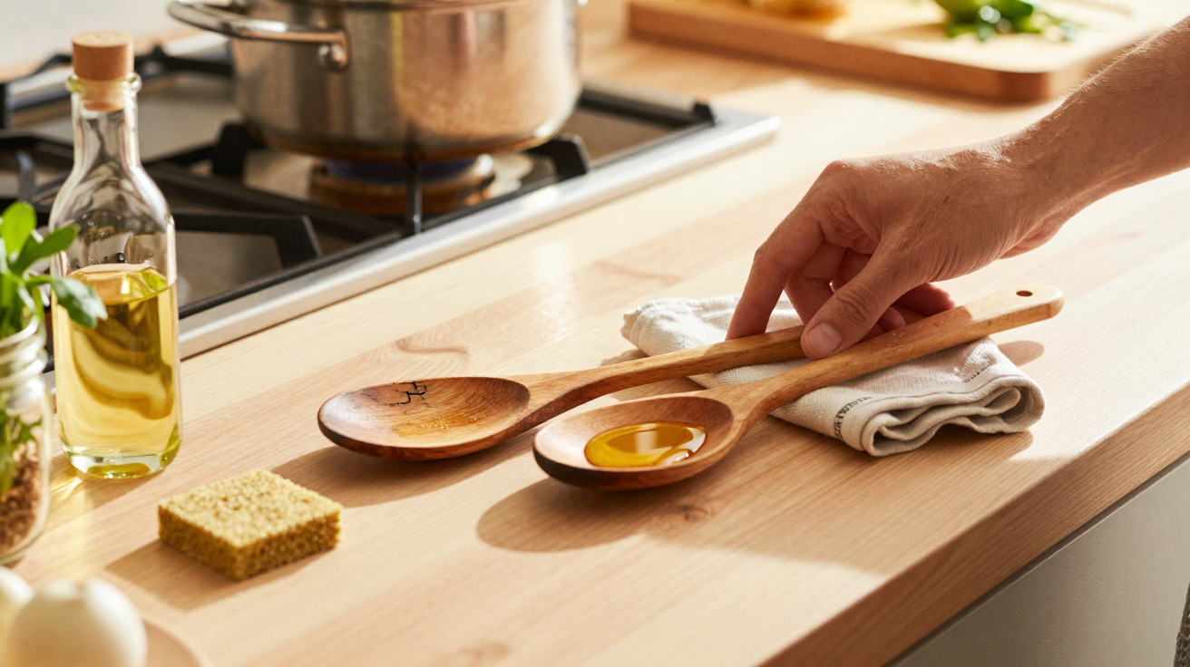 Hand placing wooden spoon with olive oil on kitchen countertop next to another wooden spoon and bottle of oil.