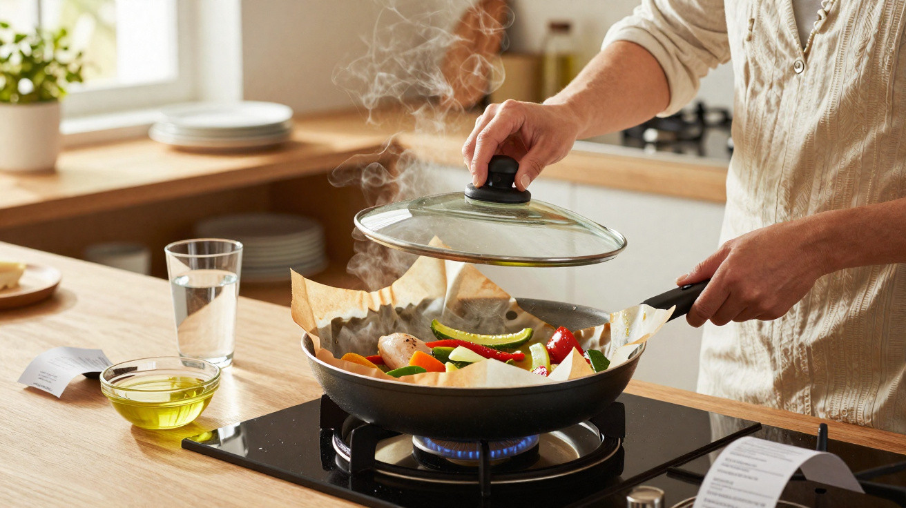 Person lifting the lid off a frying pan with steaming cooked vegetables on a gas stove in a bright kitchen.