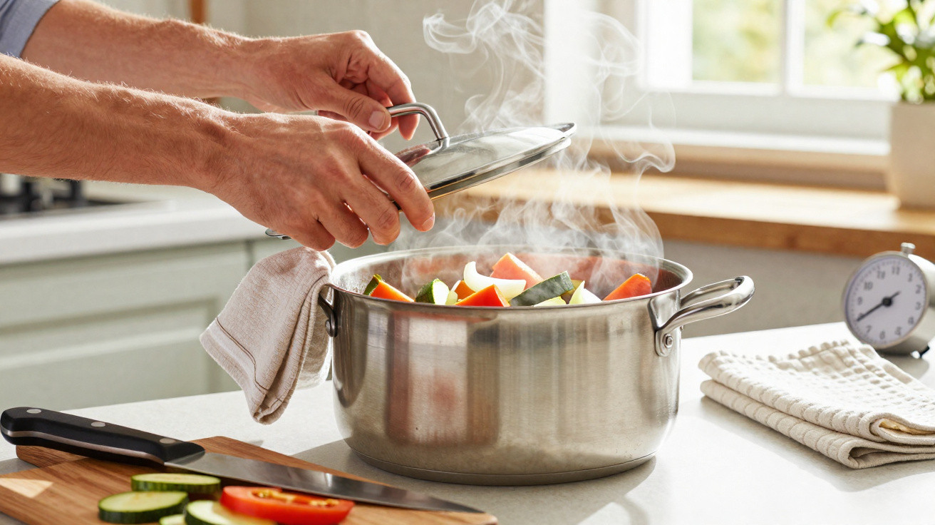 Hands lifting lid off steaming pot filled with chopped vegetables on a kitchen counter.