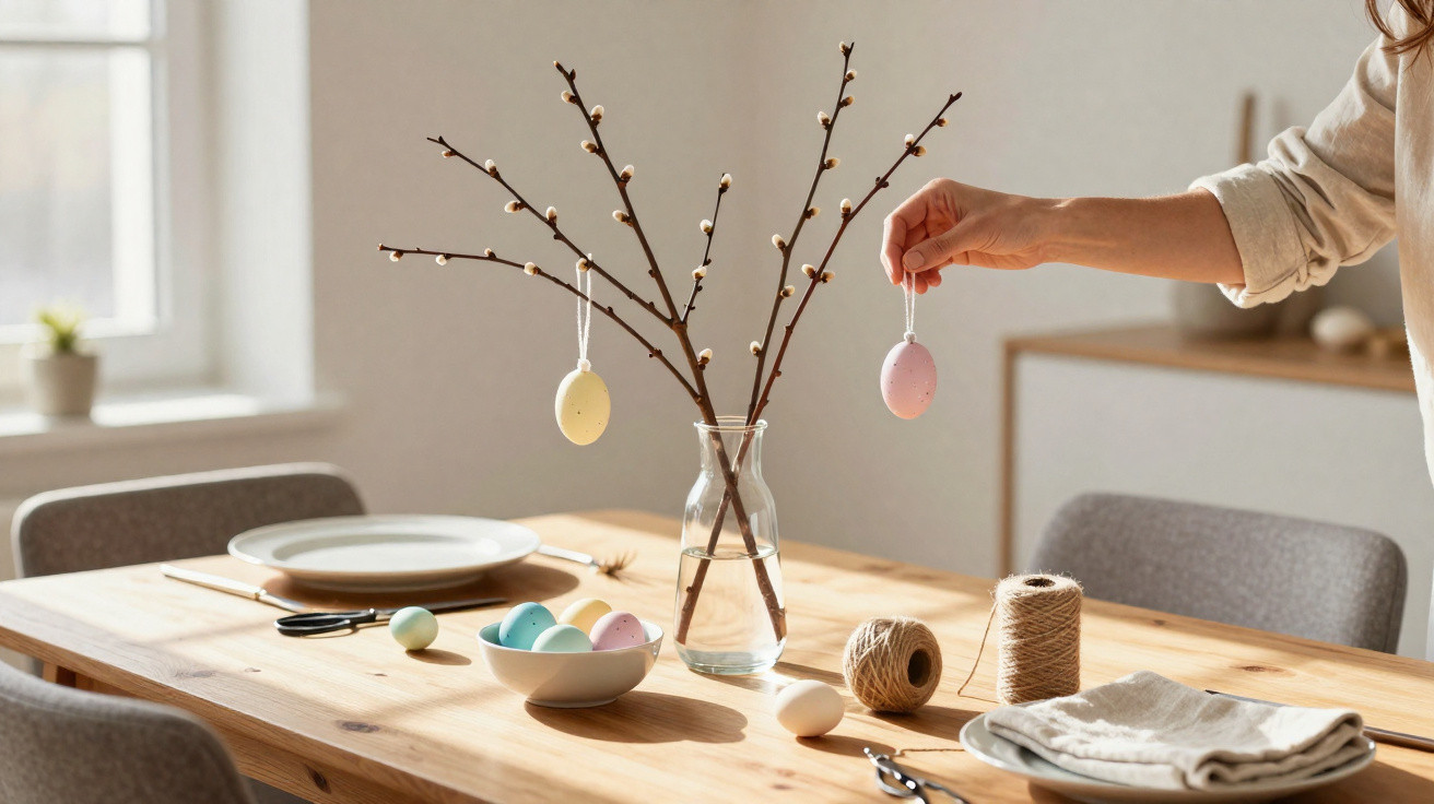 Hand hanging pastel Easter egg on twig branch in vase on wooden dining table with decorations.