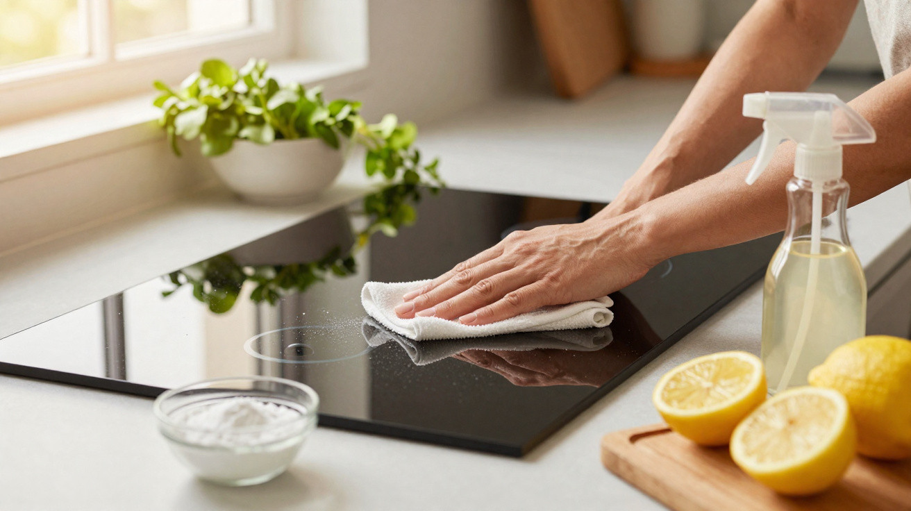 Hands cleaning a black glass stovetop with a cloth, lemon halves, spray bottle, and baking soda on the counter.