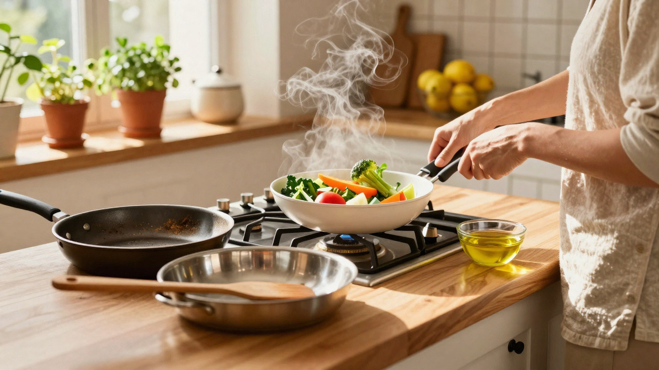 Person cooking steaming vegetables in a frying pan on a gas stove in a bright kitchen.