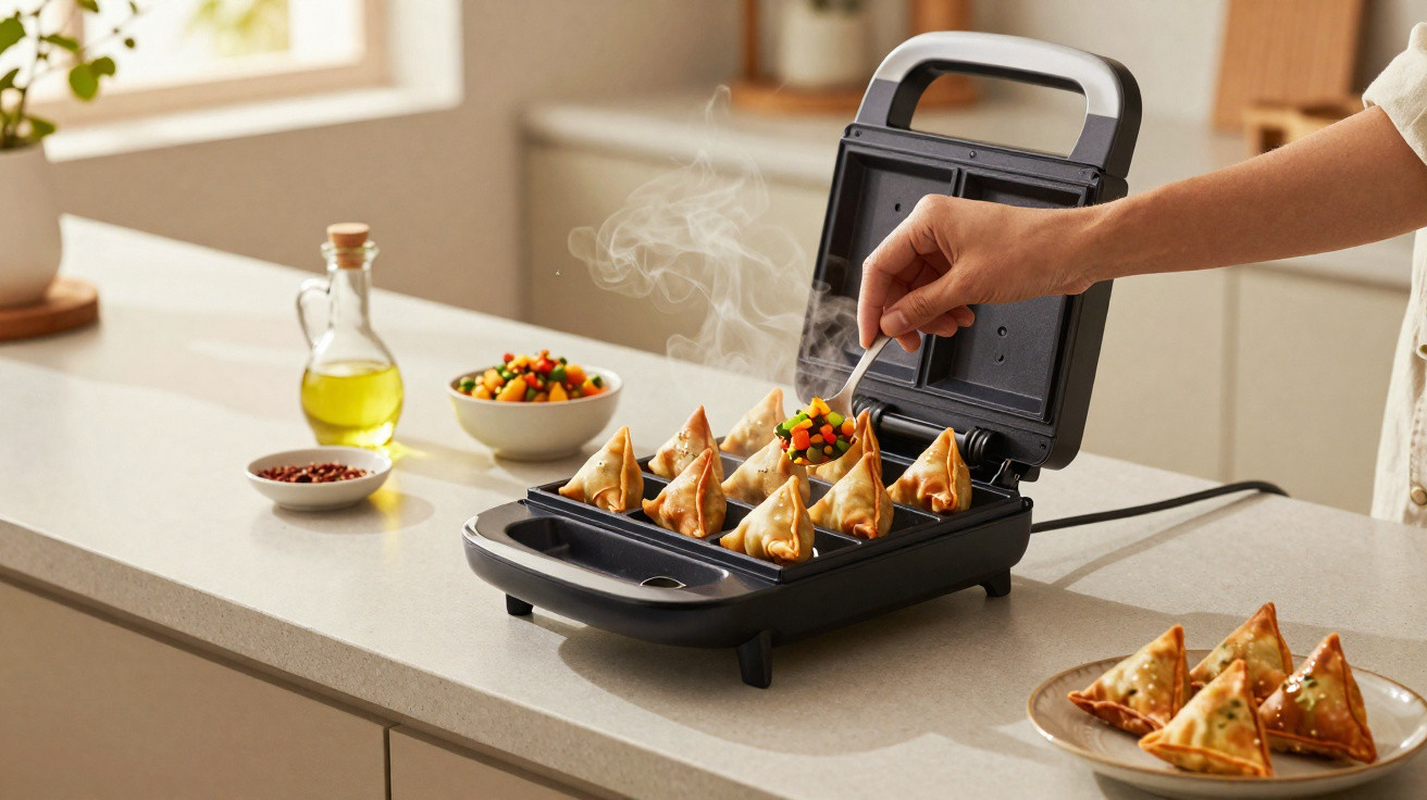 Hand placing mixed vegetable filling into triangular samosas in an electric cooker on a kitchen counter.