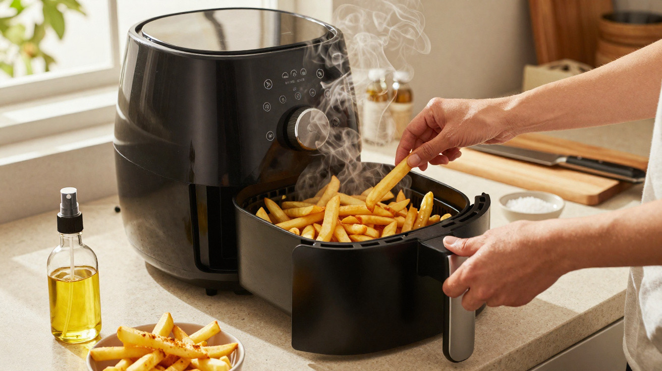 Hand removing hot, steaming fries from a black air fryer on a kitchen counter with oil spray nearby.