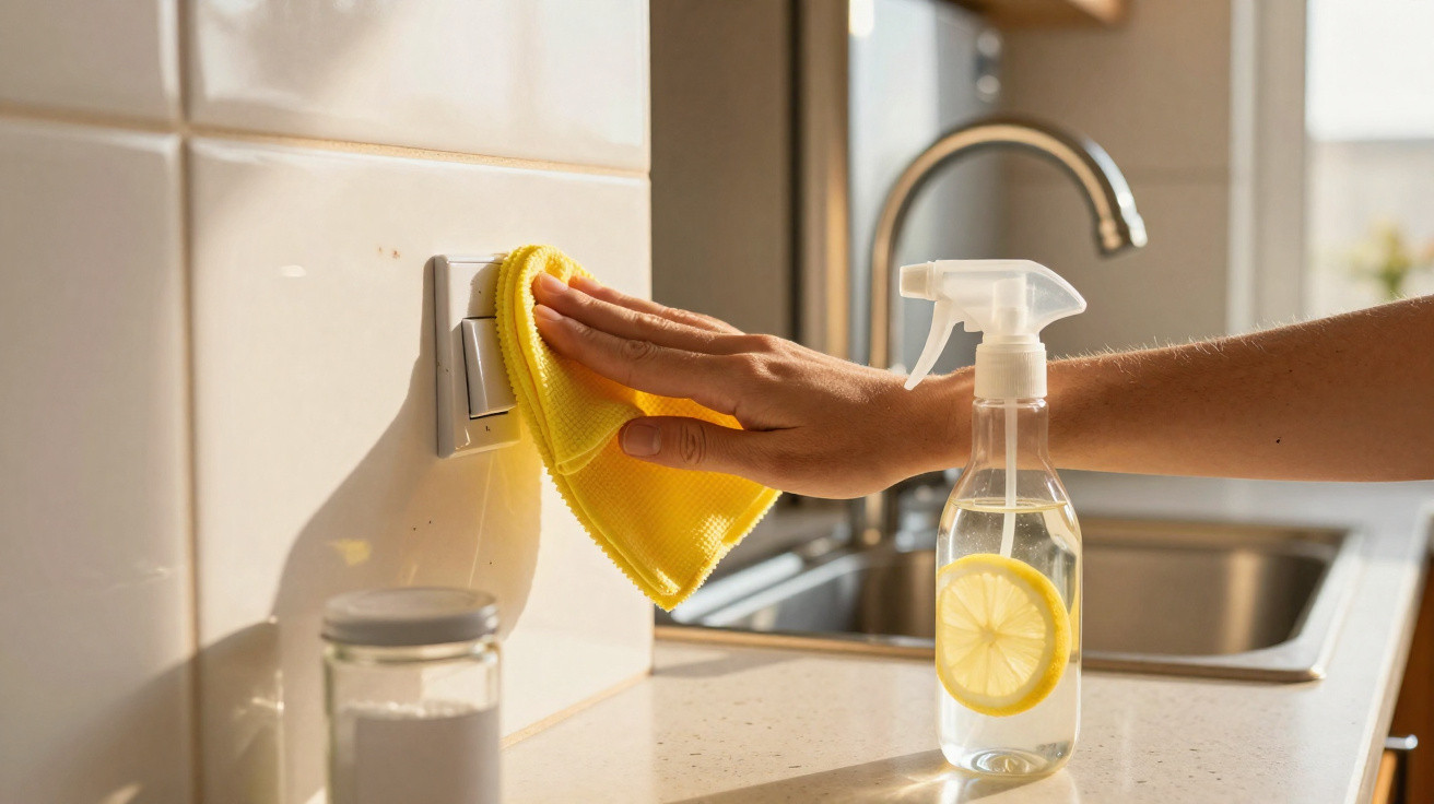 Hand cleaning a light switch with a yellow cloth beside a lemon water spray bottle in a kitchen.