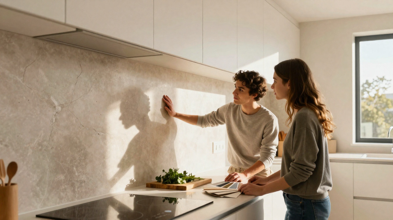 Young couple examining kitchen backsplash samples on a modern countertop in bright natural light.