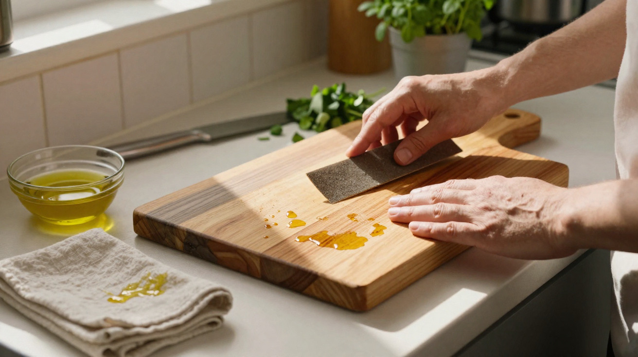 Person wiping olive oil off a wooden chopping board in a sunlit kitchen with herbs nearby.