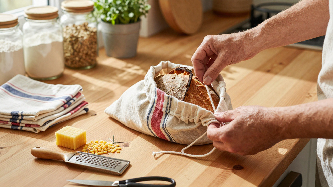 Hands closing a cloth bag with freshly baked bread on a wooden kitchen countertop.