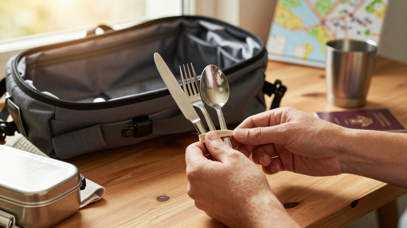Person packing reusable cutlery set with bag, metal lunchbox, and map on wooden table near window.