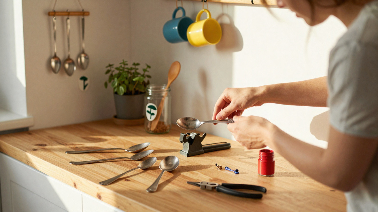 Person using a tool to bend a metal spoon on a wooden kitchen countertop with cups and utensils in the background