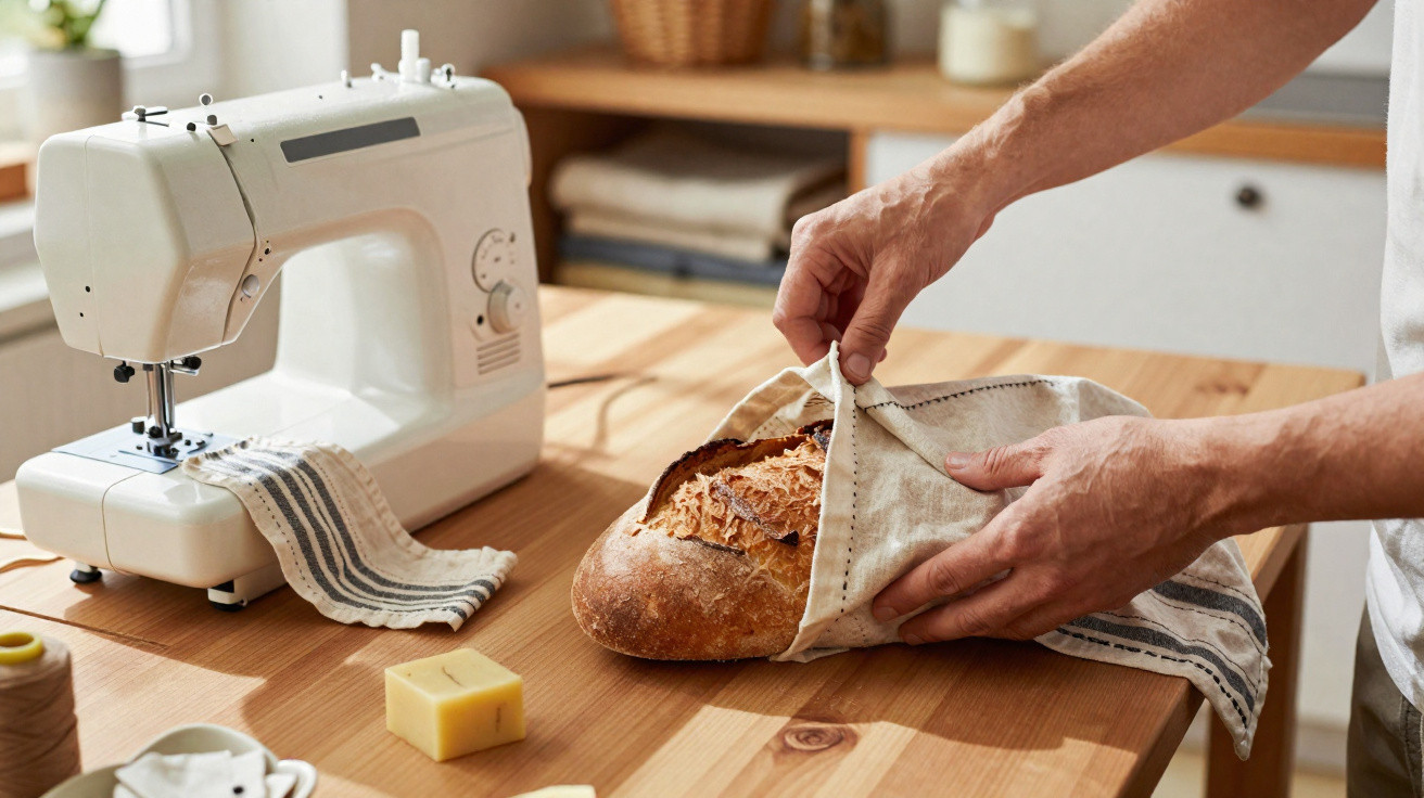 Person wrapping freshly baked bread with a cloth on a wooden table beside a sewing machine.