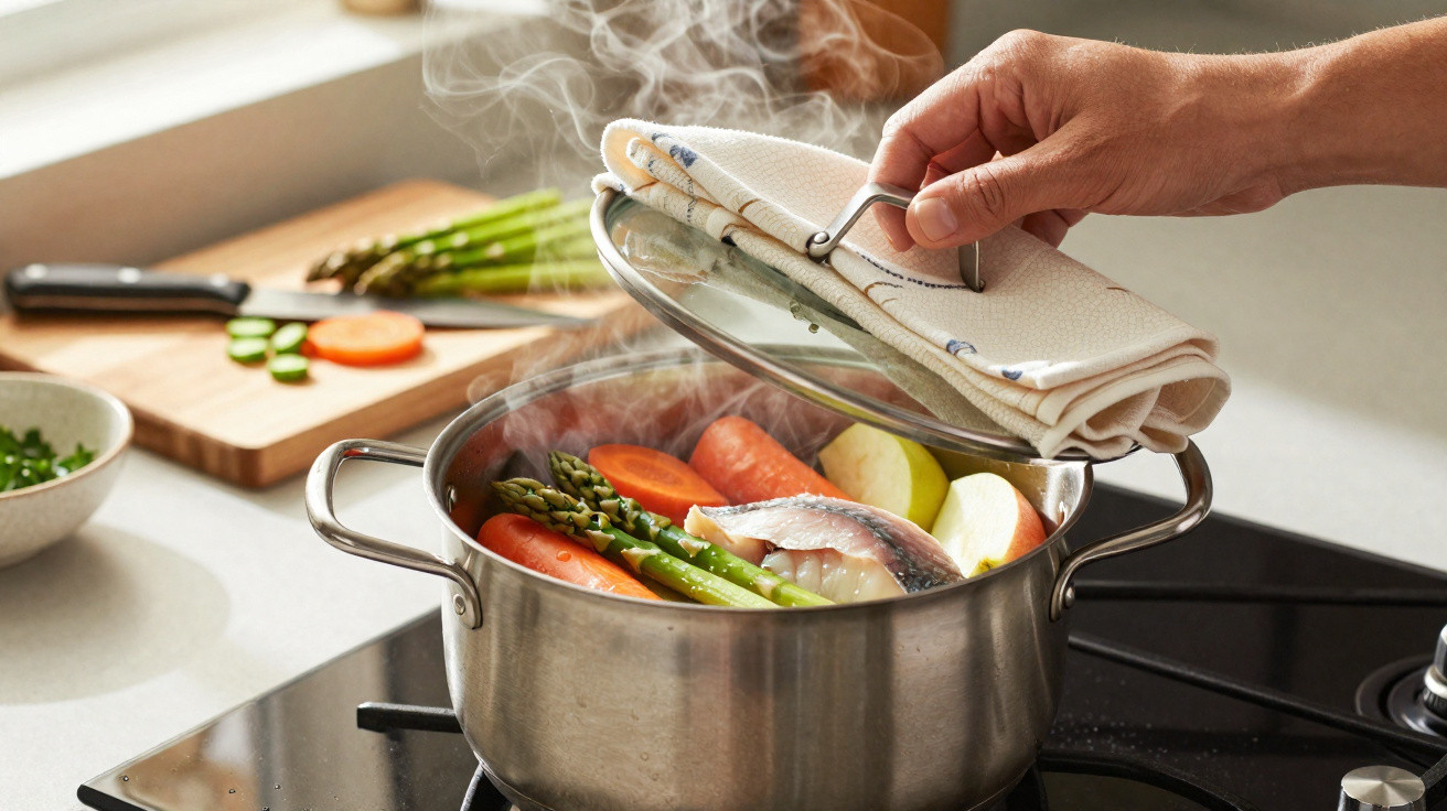 Hand lifting lid off steaming pot with fish, carrots, asparagus, and potatoes on kitchen stove.