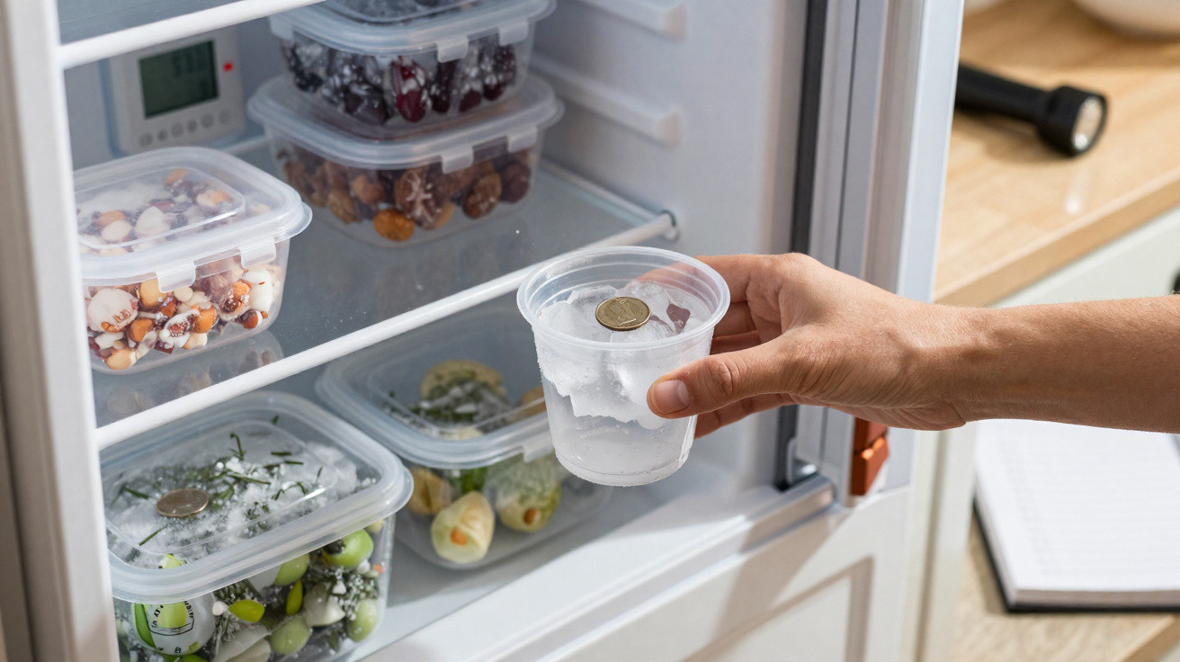 Hand holding a plastic cup with ice and a coin inside, near a fridge shelf with containers of food.
