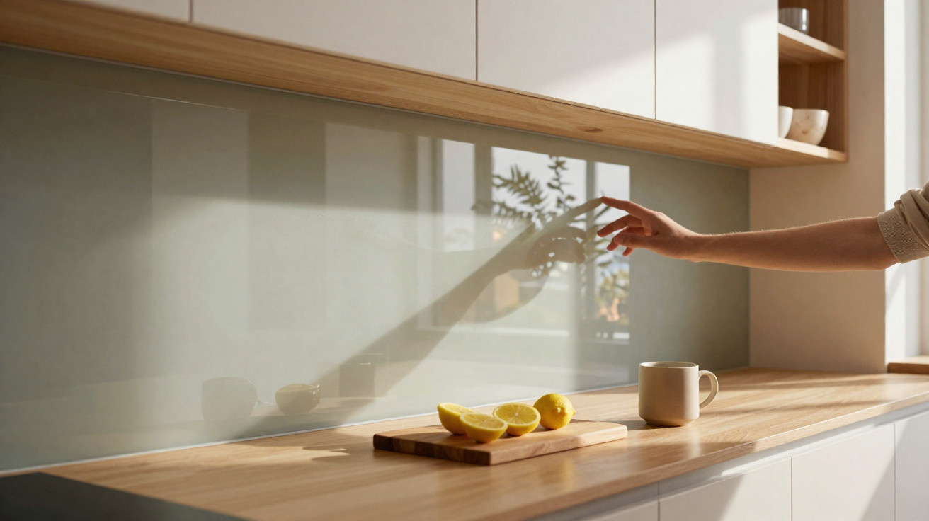 Hand reaching towards a wooden kitchen counter with lemons on a board and a white mug, soft natural light.