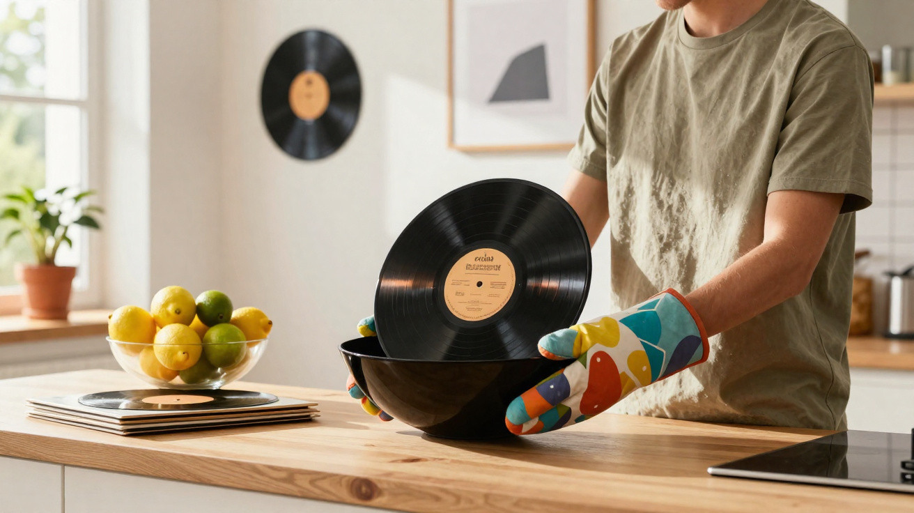 Person wearing colourful oven gloves placing a vinyl record into a black bowl on a kitchen counter.