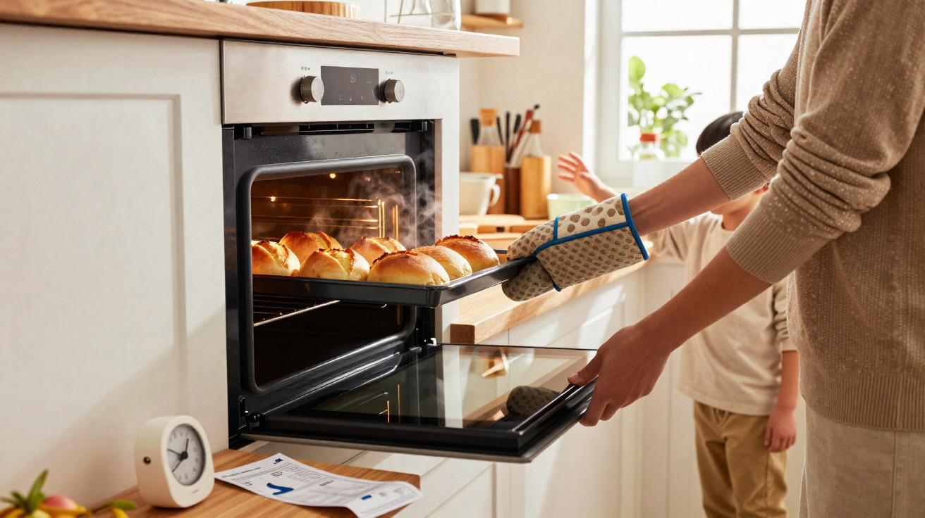 Person wearing oven mitts removing fresh bread rolls from a kitchen oven with a child in the background.