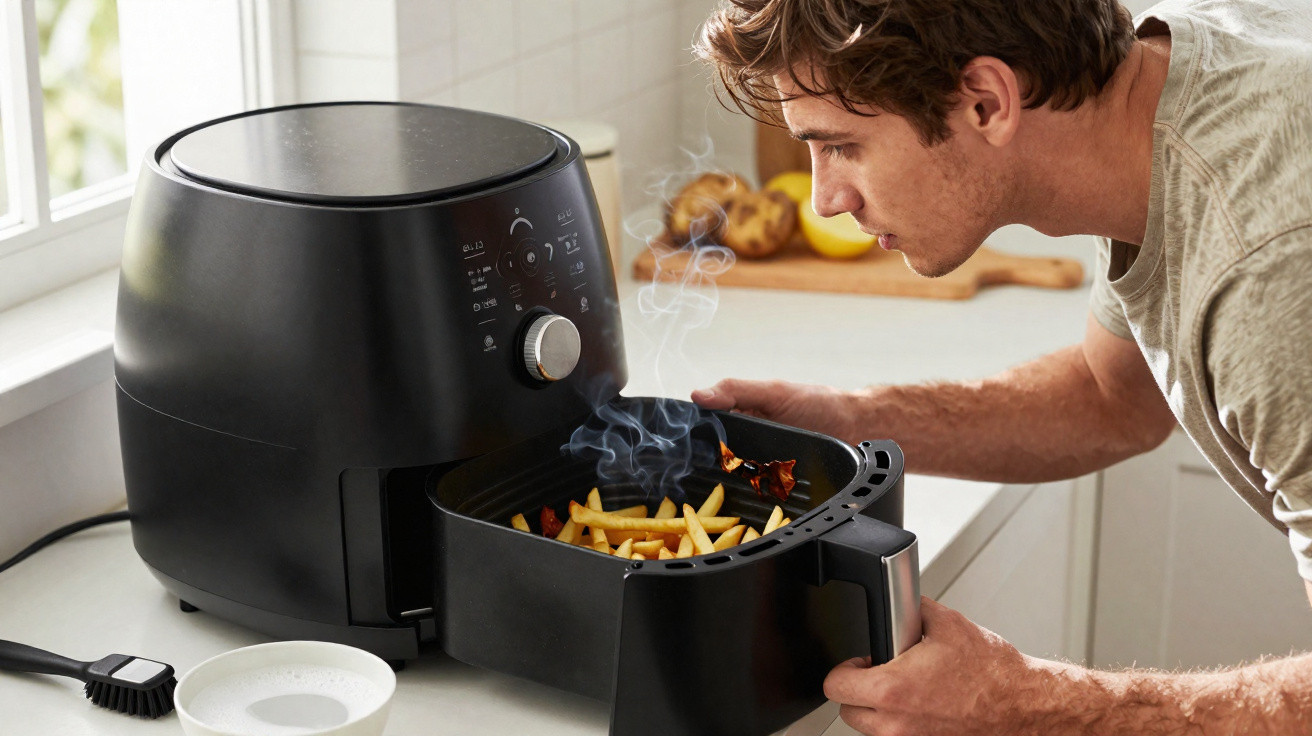 Man inspecting steaming hot French fries freshly cooked in a black air fryer on kitchen counter.