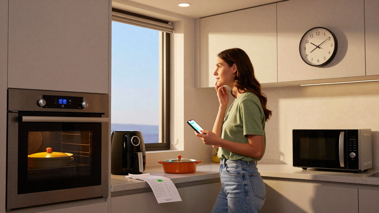 Woman checking smartphone while waiting for food cooking in oven in modern kitchen at afternoon.