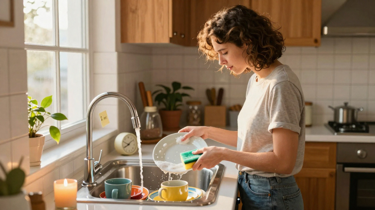 Woman washing dishes in a bright kitchen with running water and colourful cups in the sink.
