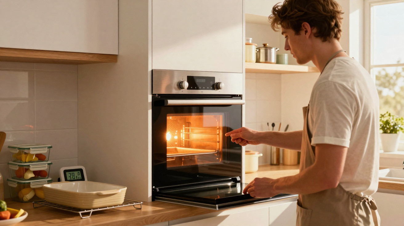 Young man wearing an apron placing food in an electric oven in a modern kitchen.