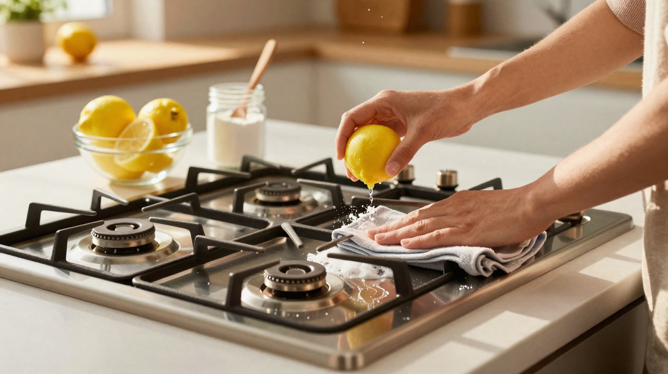Hands cleaning a stainless steel gas stove with lemon juice and a cloth in a bright kitchen.