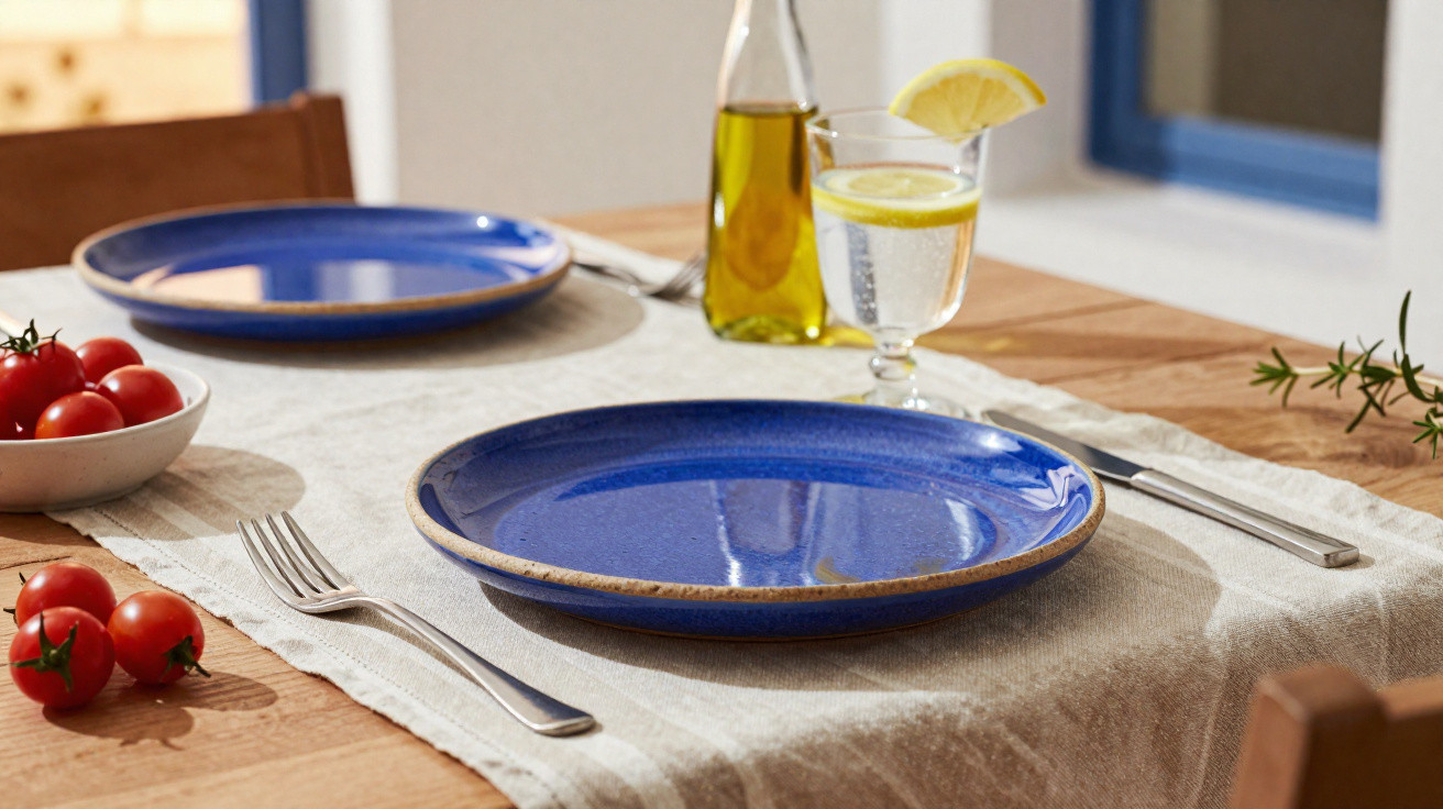 Two blue ceramic plates with a fork, knife, bowl of cherry tomatoes, olive oil, and lemon water on a wooden table.