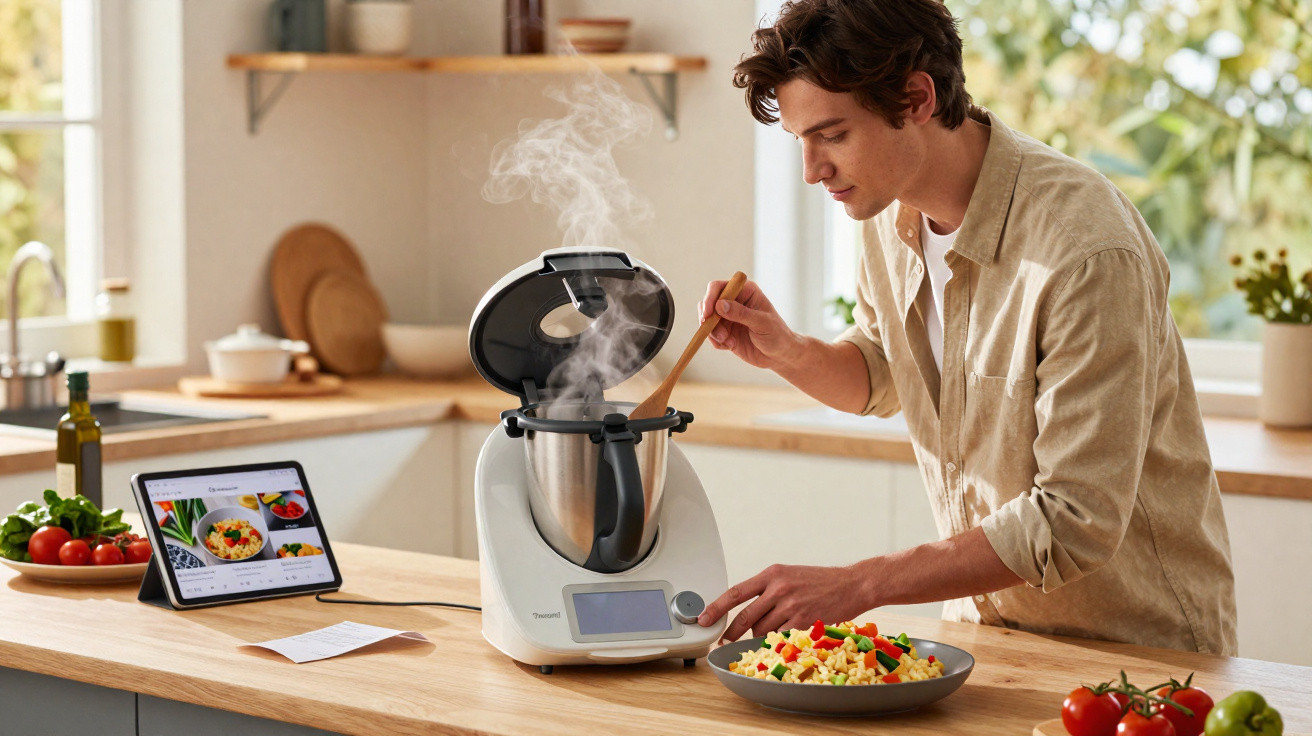 Young man cooking with a Thermomix in a bright kitchen, stirring steaming food while following a recipe on a tablet.