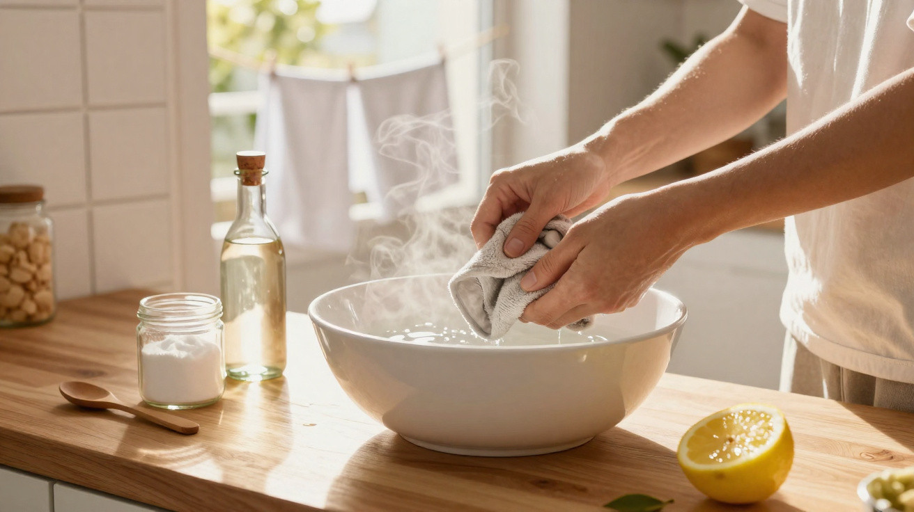 Person wringing a cloth over a steaming white bowl on a wooden kitchen countertop with lemon and ingredients nearby.