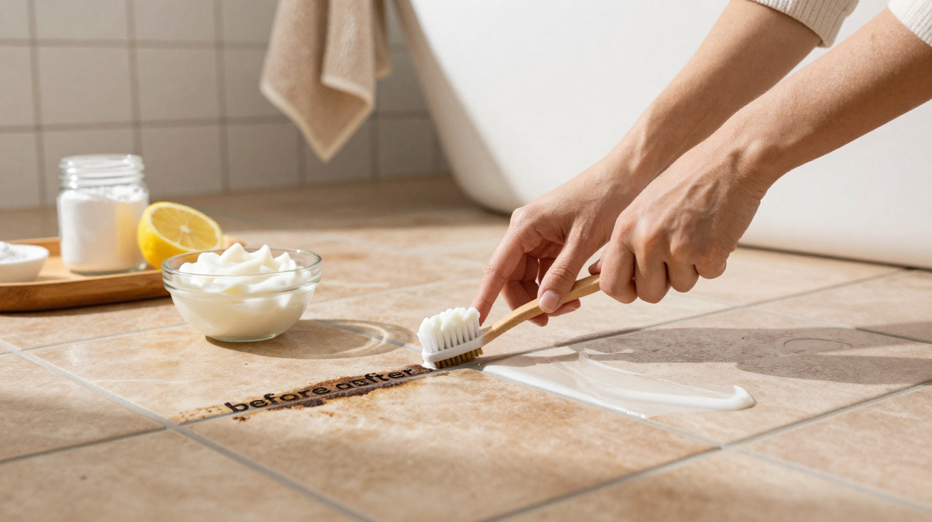 Hands scrubbing grout on bathroom floor tiles with a brush and cleaning cream showing before and after results.
