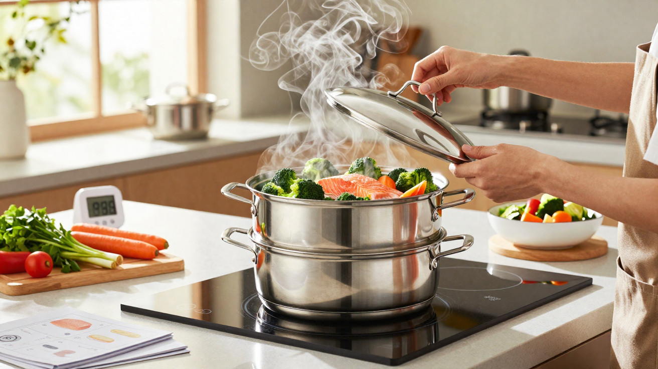Steaming salmon and broccoli being cooked in a double boiler pot on a modern stove with fresh vegetables nearby.