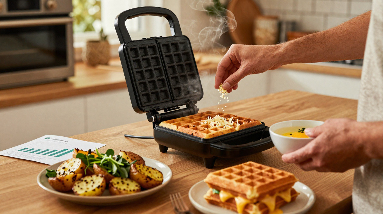 Person sprinkling cheese on waffles cooking in a waffle maker on a kitchen counter with food plates.