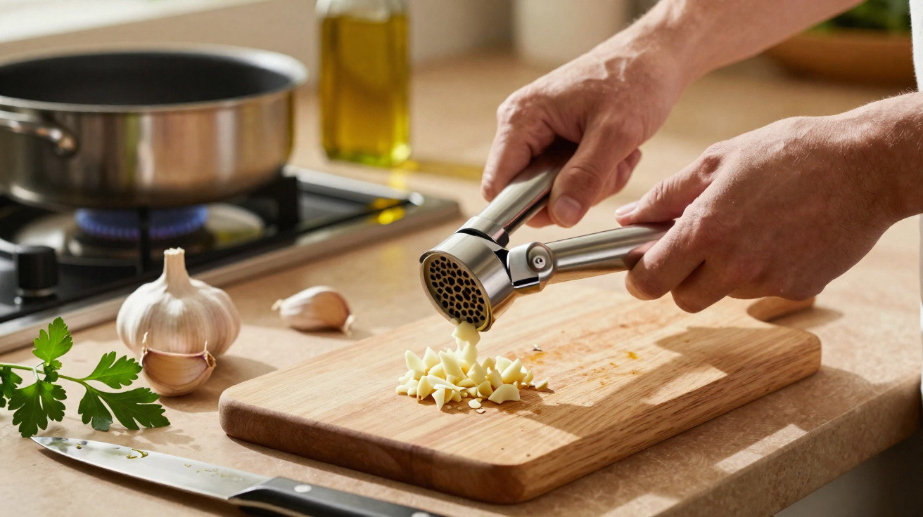 Hands crushing garlic cloves with a garlic press on a wooden chopping board in a kitchen.