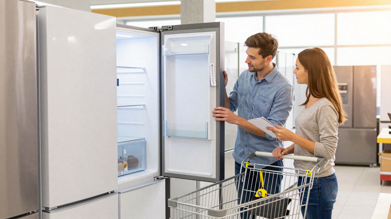 Man and woman examining an open fridge in an appliance store with a shopping trolley and notepad.