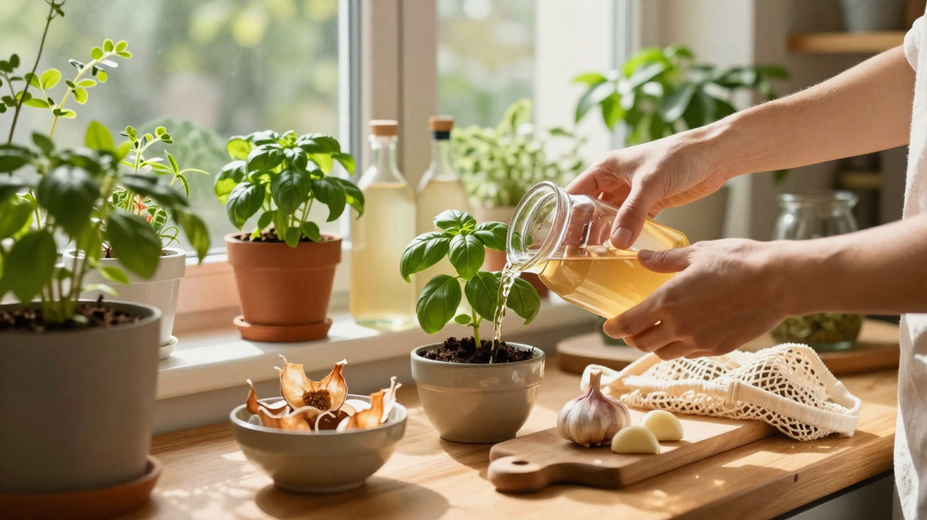 Person watering basil plant on sunny kitchen windowsill with garlic and herb pots nearby.