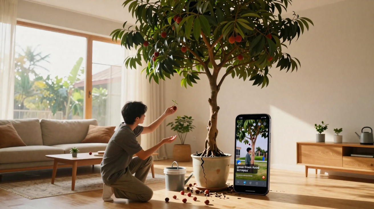Person picking fruit from a small indoor cherry tree next to a large smartphone displaying a gardening app.