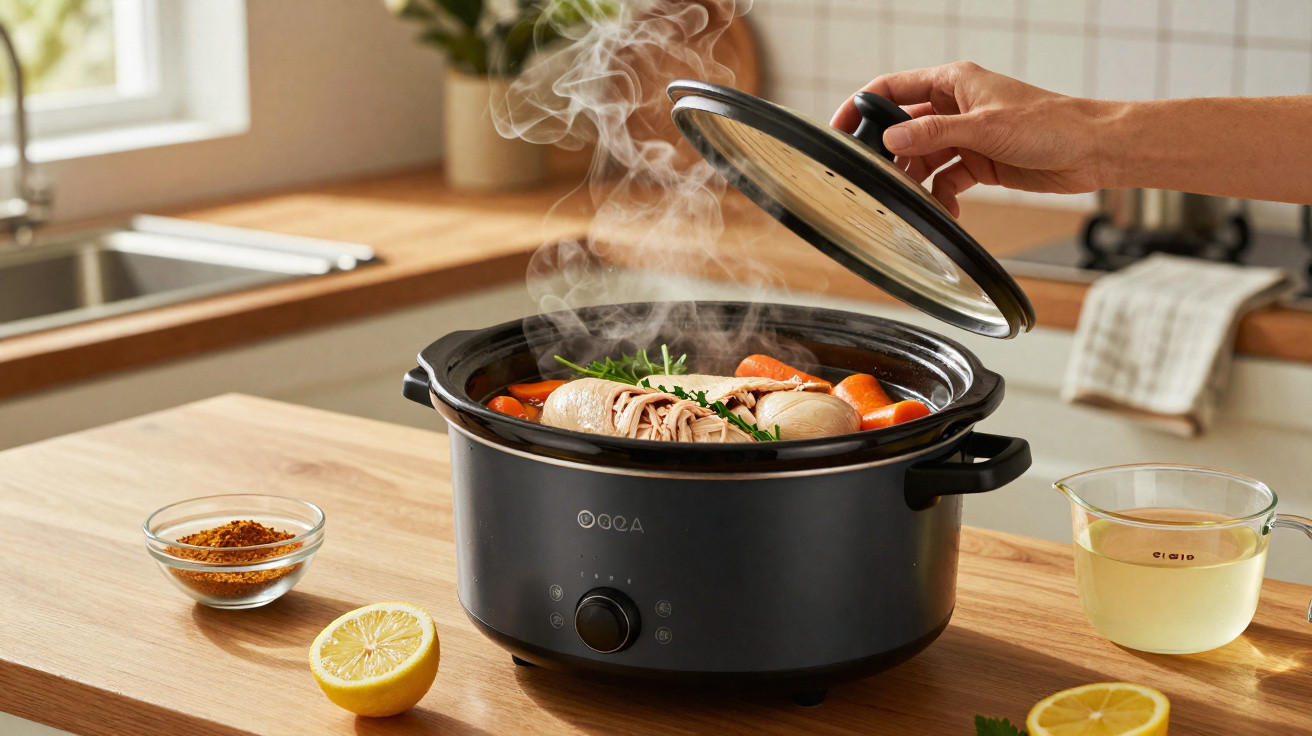 Steam rising from a slow cooker with chicken and vegetables as a hand lifts the lid in a kitchen setting.