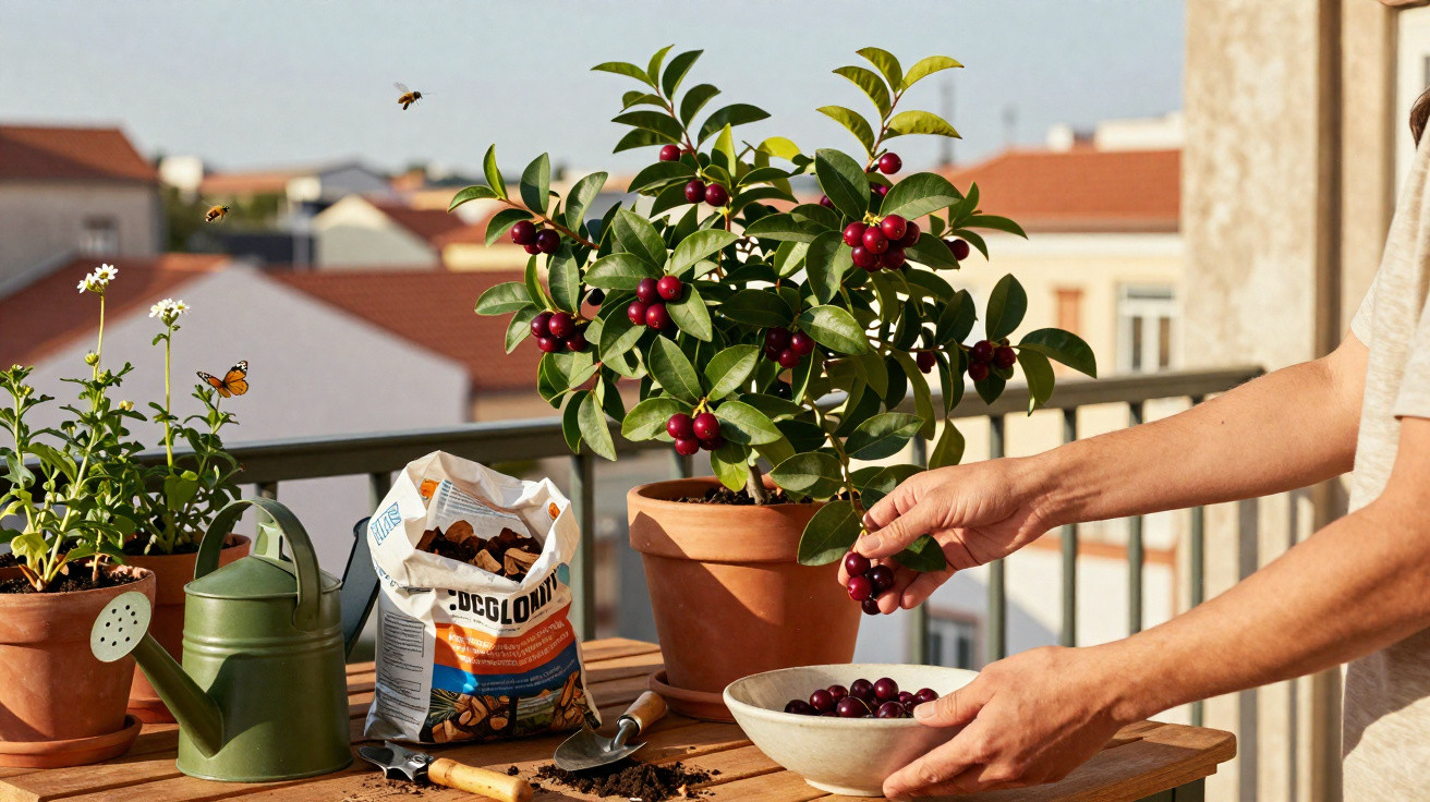 Person harvesting ripe cherries from a potted plant on a balcony with gardening tools and flowers nearby.
