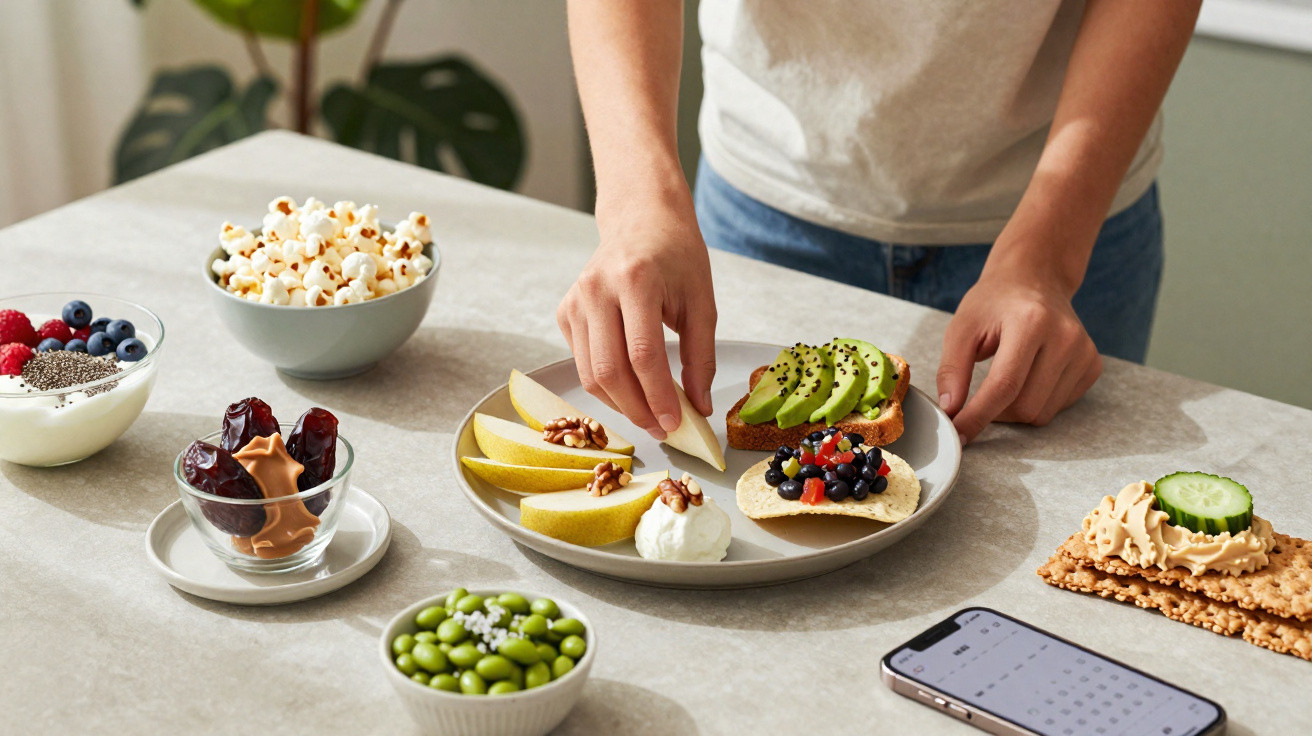 Person preparing a plate with avocado toast, fruit, nuts, and healthy snacks on a kitchen table next to a smartphone.