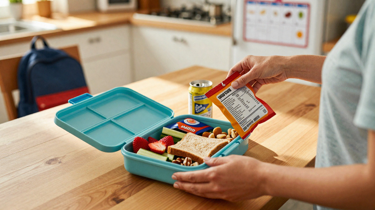 Person packing a turquoise lunchbox with sandwich, strawberries, nuts, and snacks on a wooden kitchen table.