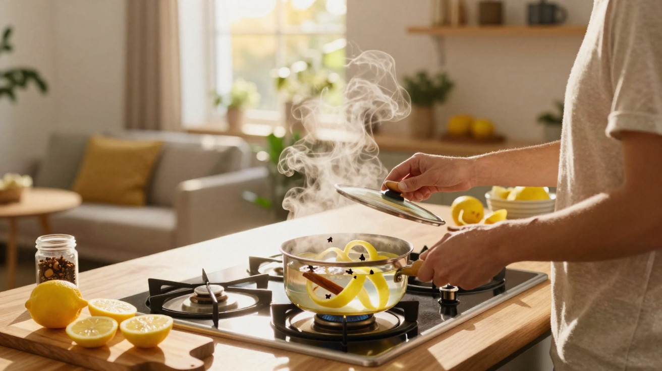 Person lifting lid off steaming pot of boiling lemon peels on kitchen stove with lemons nearby