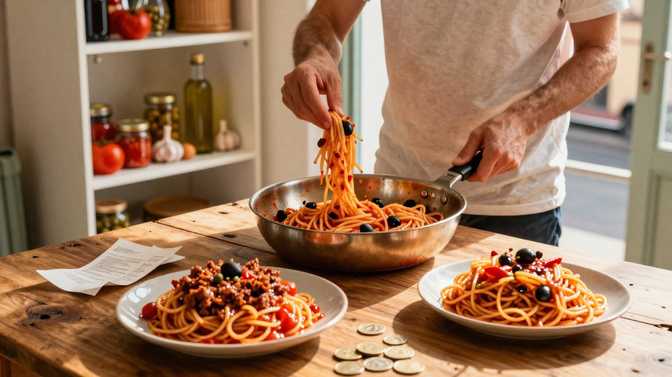 Person serving spaghetti with olives and cherry tomatoes from a pan to two plates on a wooden table.