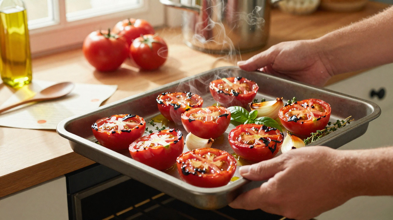 Hands holding a tray of freshly roasted tomato halves and onion wedges with steam rising in a kitchen.