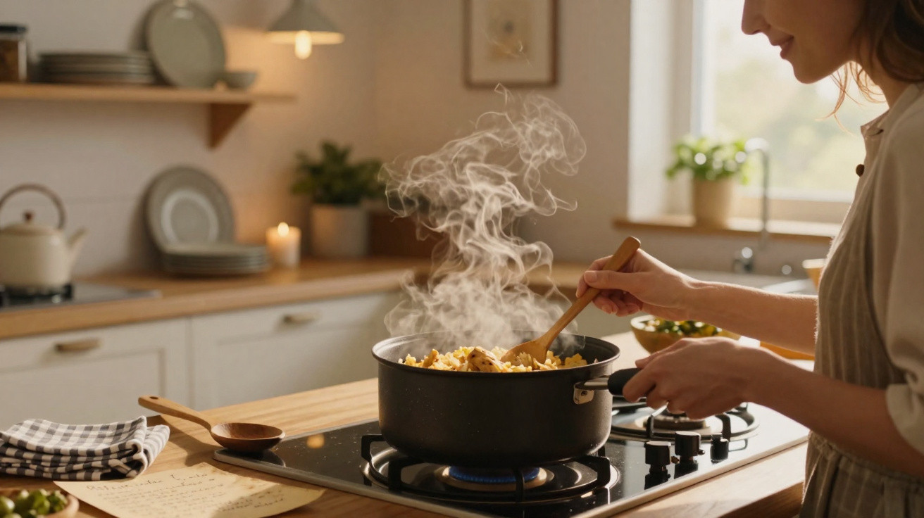 Person stirring steaming food in a pot on a gas stove in a bright, cosy kitchen.