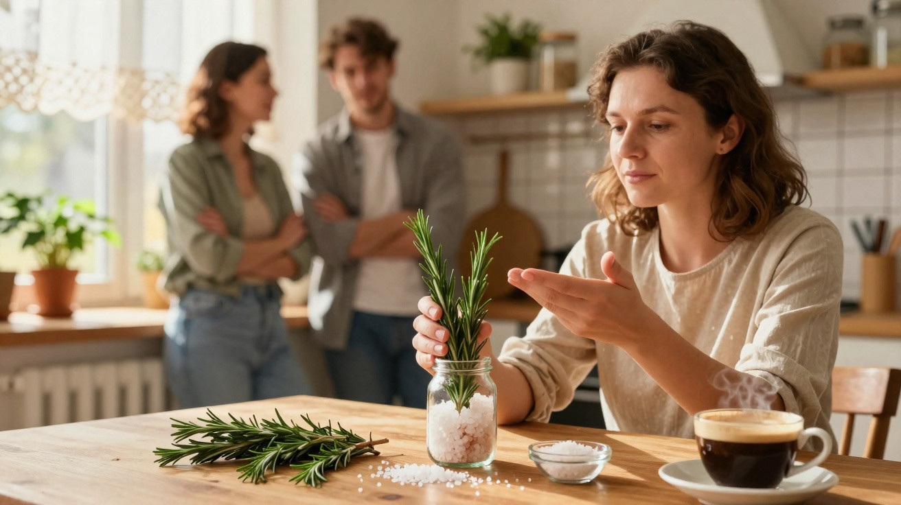 Woman arranging rosemary in a jar with salt on a kitchen table, a man and woman talking in the background.