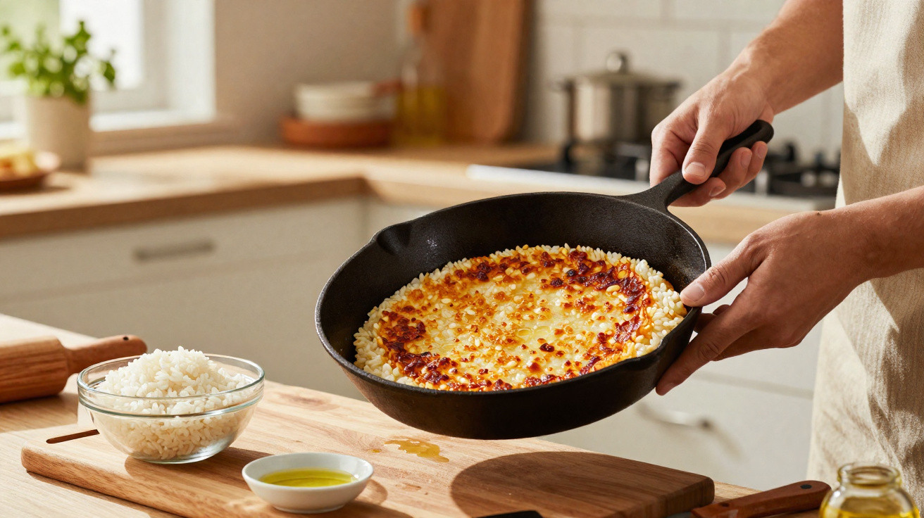 Person holding a cast iron pan with toasted cheese rice crust in a bright kitchen setting.